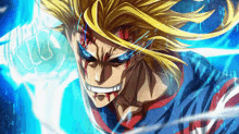 a close up of all might from my hero academia with a blue background .