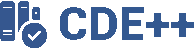 a blue and white logo for cde + with a check mark