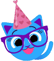 a blue cat is wearing glasses and a pink party hat