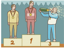 a man drinking from a bottle on a podium with the number 1 2 and 3