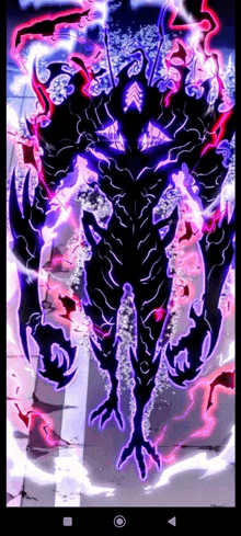 a purple and black monster is standing in a dark room with a purple light behind him .