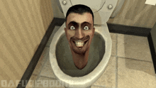 a man 's head is sticking out of a toilet with the word daf visible