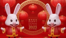 two cartoon rabbits are standing next to each other on a red background with lanterns .