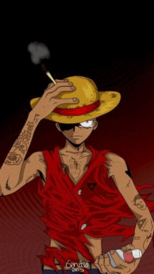 monkey d luffy from one piece is smoking a cigarette while wearing a straw hat and a red shirt .