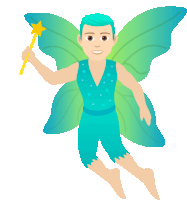 a fairy with blue hair and green wings is holding a wand