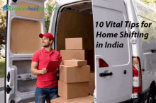 a man in a red shirt is standing in front of a van with boxes in it