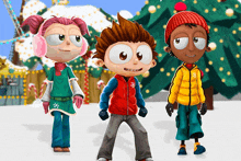 three cartoon characters are standing next to each other in front of a christmas tree