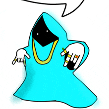 a cartoon drawing of a ghost with a speech bubble above it