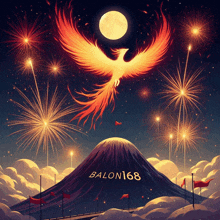 a painting of a phoenix flying over a mountain with the words balon168 on it