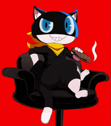 a cat with blue eyes is sitting in a chair holding a cigarette