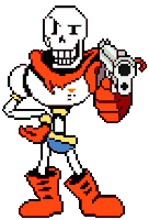 a pixel art drawing of papyrus holding a gun