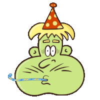 a cartoon of a green monster wearing a party hat and holding a party streamer