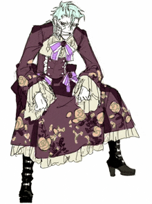 a drawing of a man wearing a purple dress with roses on it