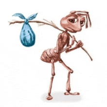 a cartoon ant is carrying a blue bag and a stick .