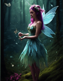 a fairy with purple hair and blue wings is standing in a dark forest