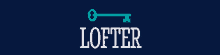 a blue and white logo for lofter with a key