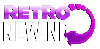 a purple and white logo for retro rewind with a purple arrow