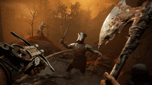 a video game scene with a knight holding a sword