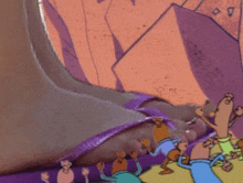 a group of cartoon characters are standing around a person 's feet