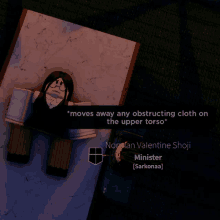 a video game character is laying on a bed and says " moves away any obstructing cloth on the upper torso