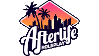 a logo for afterlife roleplay with palm trees and a city in the background