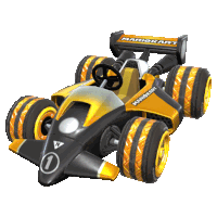 a black and yellow mario kart with the number 1 on it