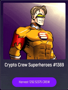 a cartoon of a superhero with the words crypto crew superheroes # 1369 below him