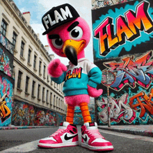 a stuffed flamingo wearing a flam hat and a flam shirt