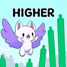 a cartoon of a cat with purple wings and the word higher above it