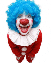 a clown with blue hair and a red nose