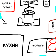 a drawing of a house in russian shows a tv and a couch