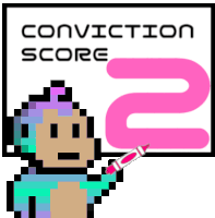 a pixel art monkey points at a sign that says conviction score 2