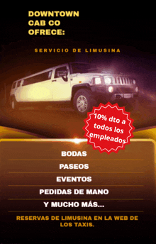 an advertisement for downtown cab co ofrece shows a limousine