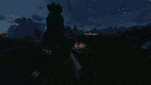 a screenshot of a video game at night with a campfire