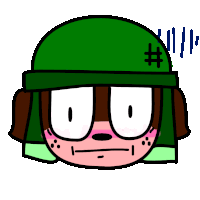 a cartoon character wearing a green helmet has a # on it