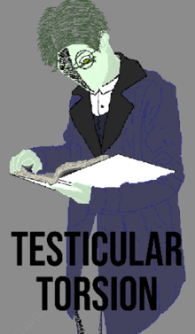 a drawing of a man reading a book that says testicular torsion on it