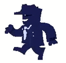 a pixel art of a man in a tuxedo running .