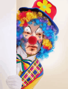 a man dressed as a clown holds up a sign