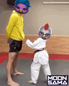 a man in a yellow hoodie stands next to a boy in a white karate uniform with a chicken head on his head