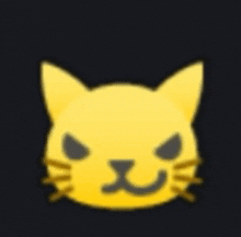 a yellow cat face with a black nose and black eyes on a black background