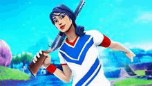 a woman in a cheerleader outfit is holding a shotgun and a football .