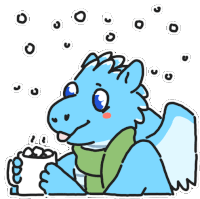 a cartoon drawing of a dragon holding a cup of hot chocolate