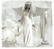 a woman in a white dress with wings is standing in front of a white globe