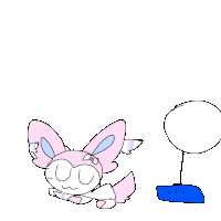 a cartoon drawing of a pink bunny laying down next to a blue object