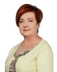 a woman with short red hair is wearing a yellow cardigan and a floral shirt .