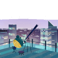 an illustration of a frog looking through a telescope over a city