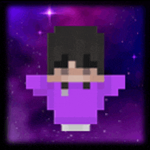 a pixel art of a person wearing a purple sweater in front of a purple background .