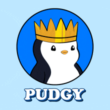 a penguin with a crown on its head and the name pudgy below it