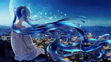 a girl with long blue hair is looking out over a city