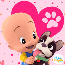 a cartoon of cleo and cuquin holding a dog with a heart in the background